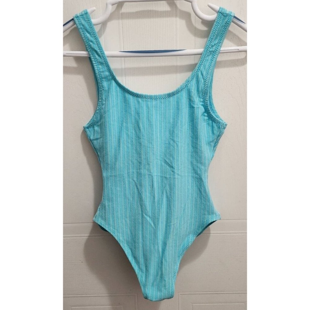 Vtg Elon of California by Monka Tilley One Piece Swimsuit Blue Striped Sz 9/10